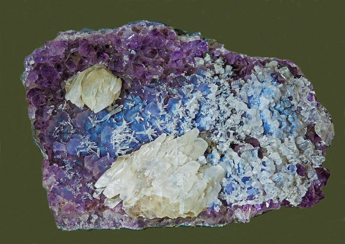 Calcite on Amethyst Crystals