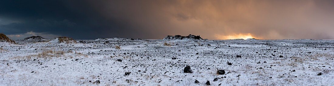 Snow storm over lava fields,Iceland