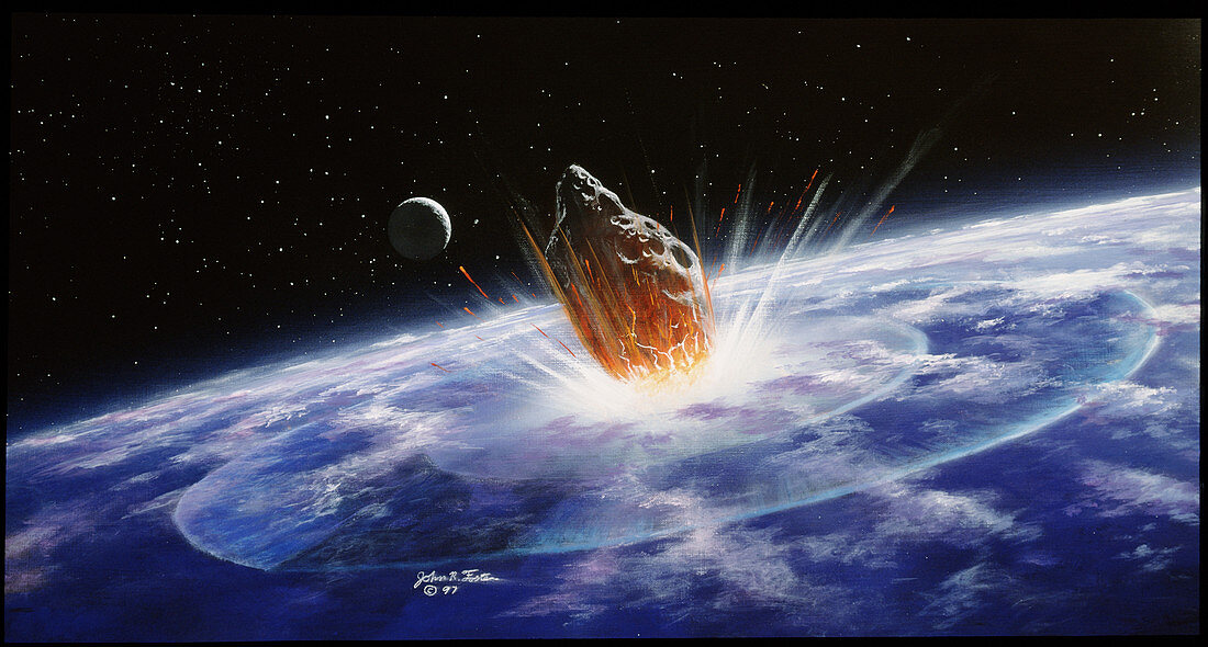 Artwork showing an asteroid colliding with Earth
