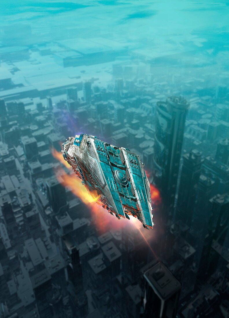 Space craft over city,illustration