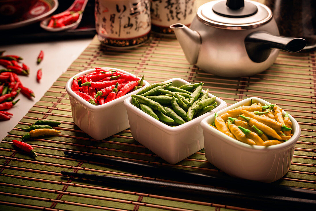 Red,green and yellow chilli peppers