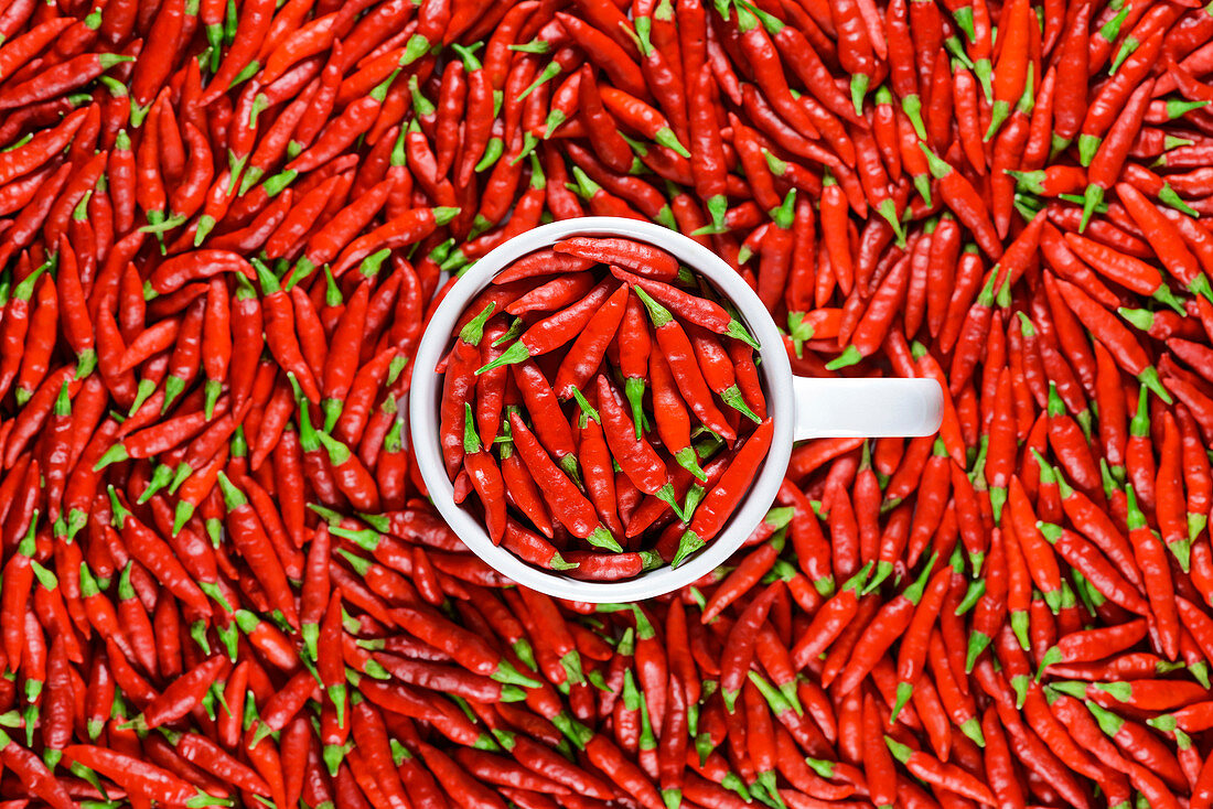 Red chilli peppers and white mug