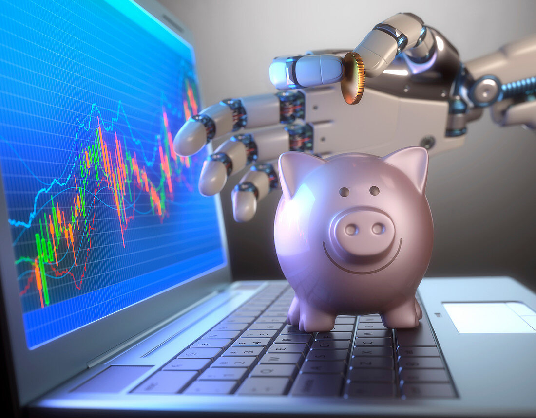 Piggy bank and robotic hand,illustration