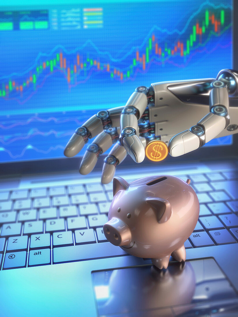 Robotic hand and piggy bank,illustration