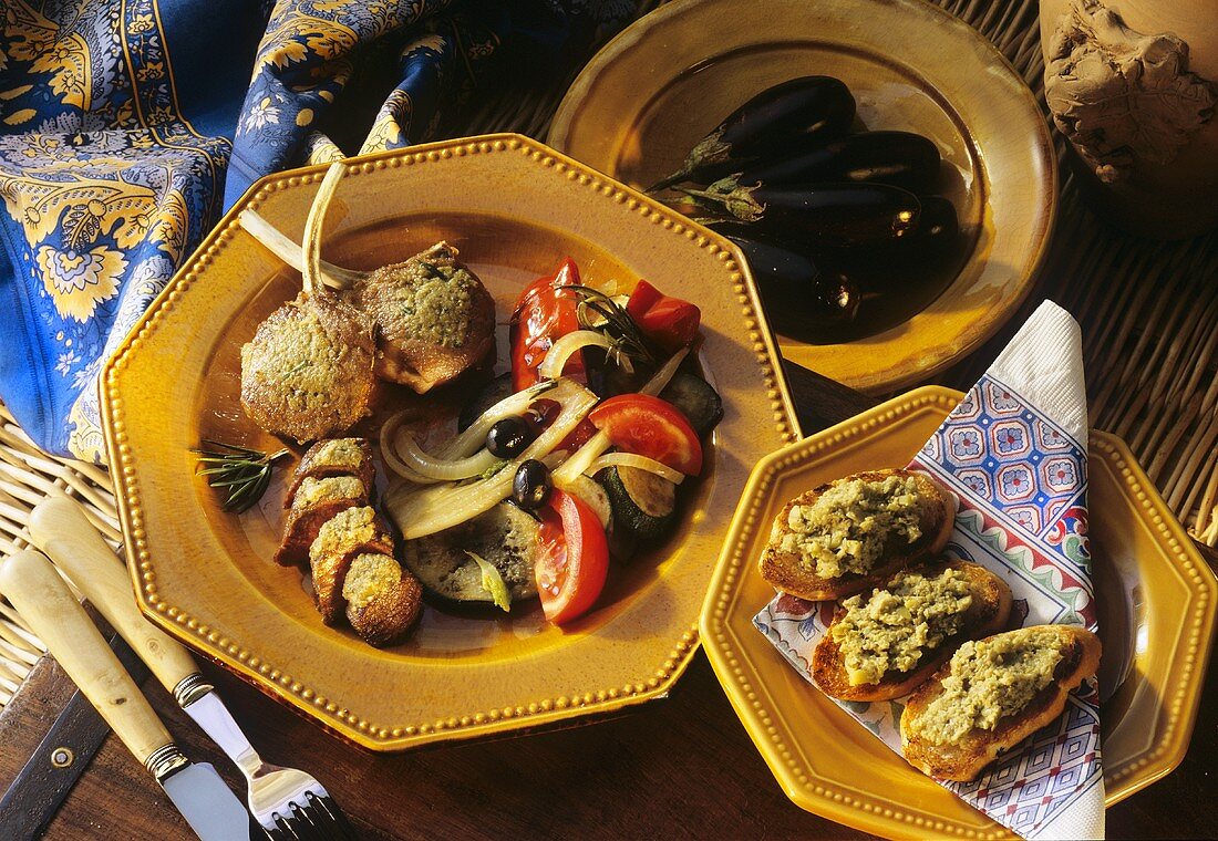 Lamb chops with green olive topping & Mediterranean vegetables