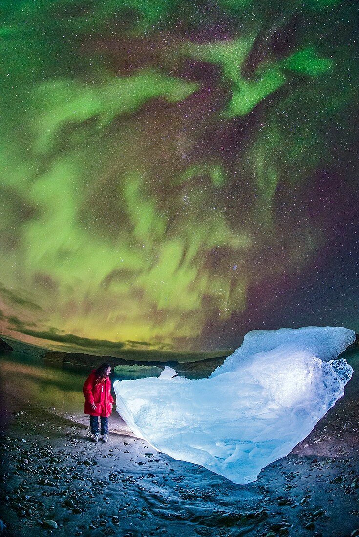Aurora borealis over glacial ice, Greenland