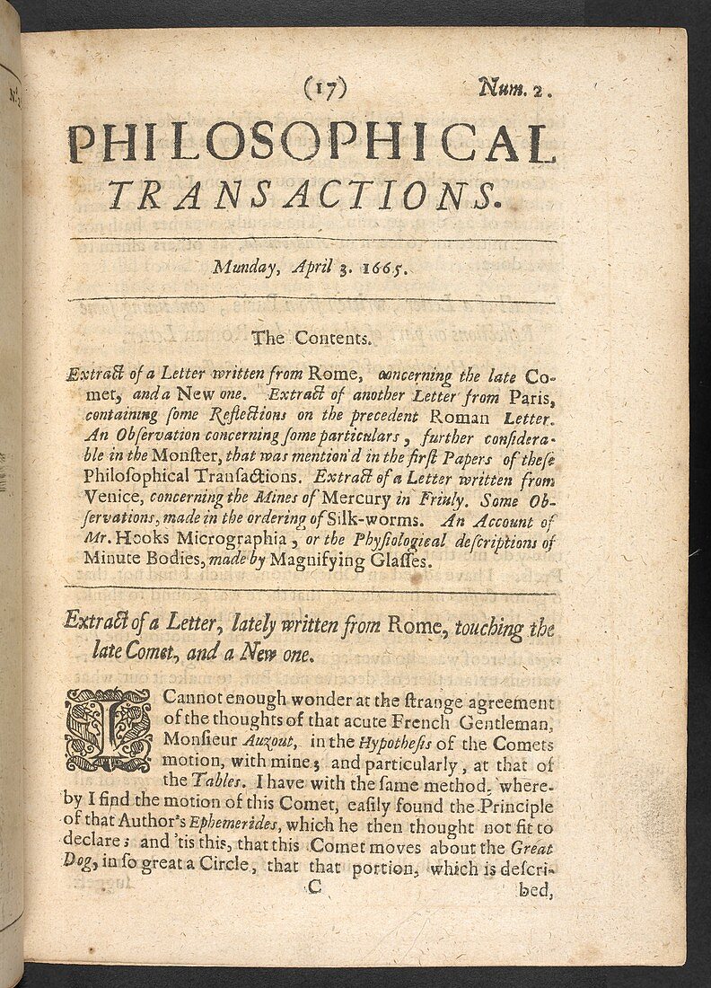 Contents page from Philosophical Transactions, 1665