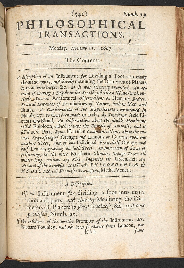 Contents page from Philosophical Transactions, 1667