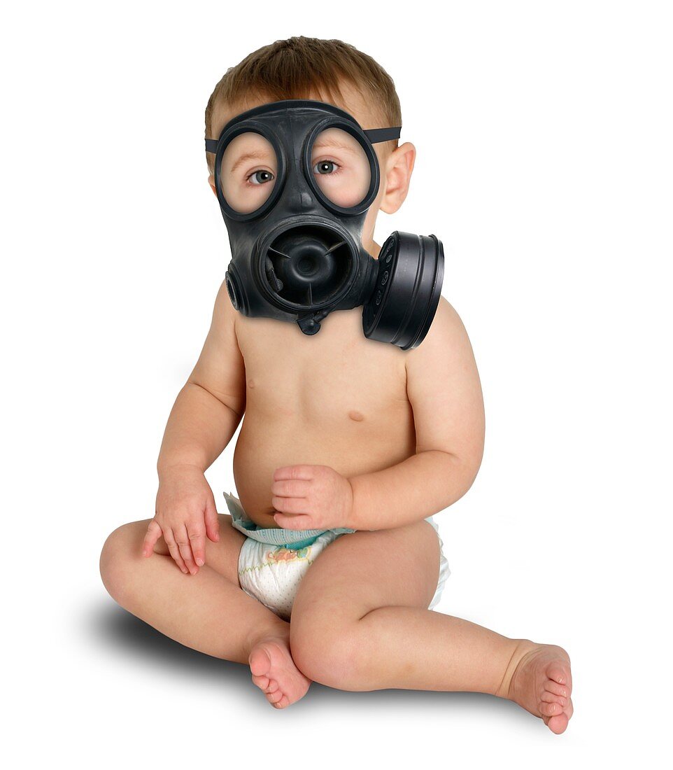 Baby in a gas mask