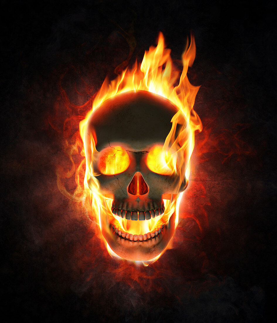 Human skull in flames