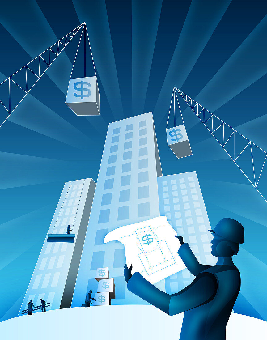 Architect holding a blueprint, illustration