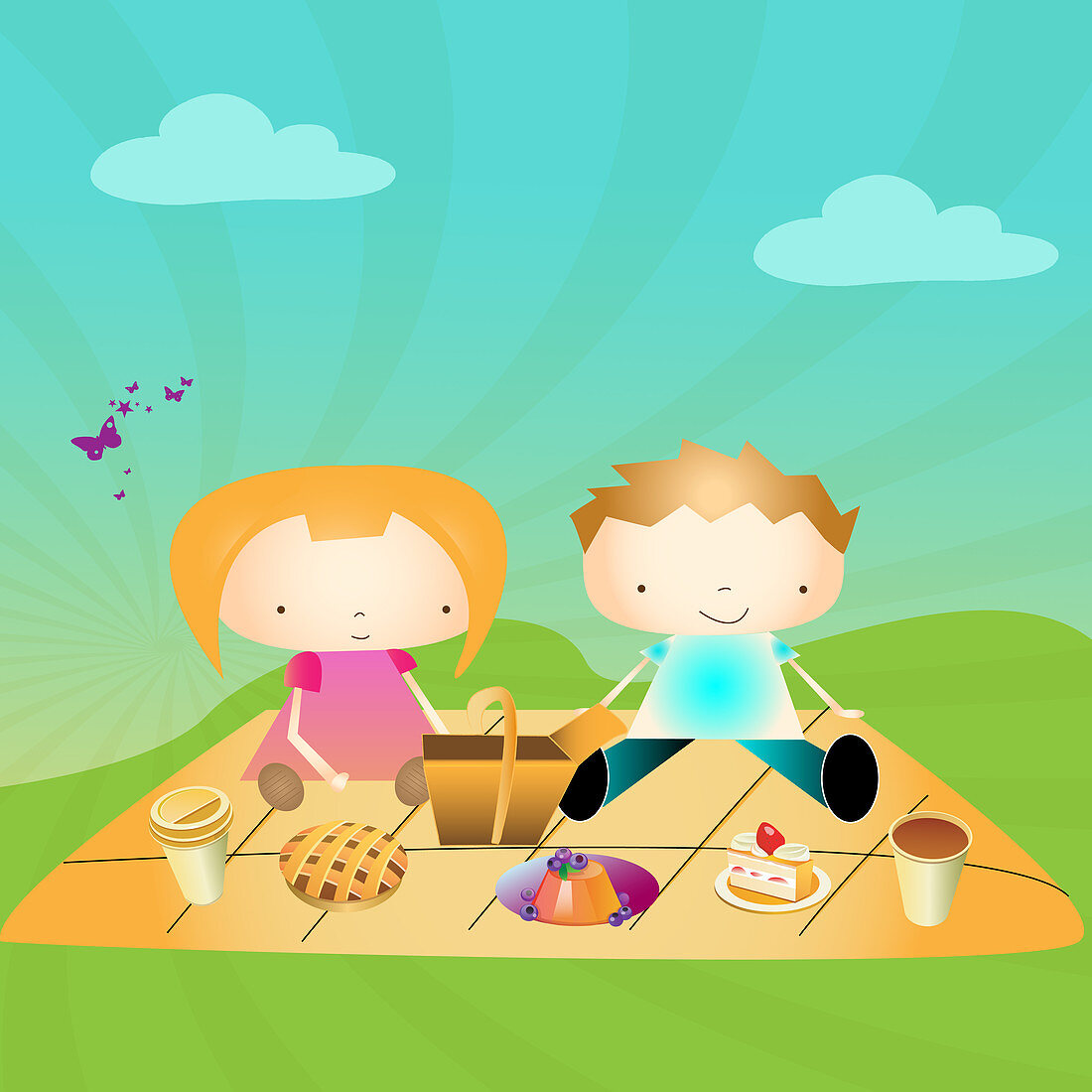 Boy and a girl on a picnic in a park, illustration