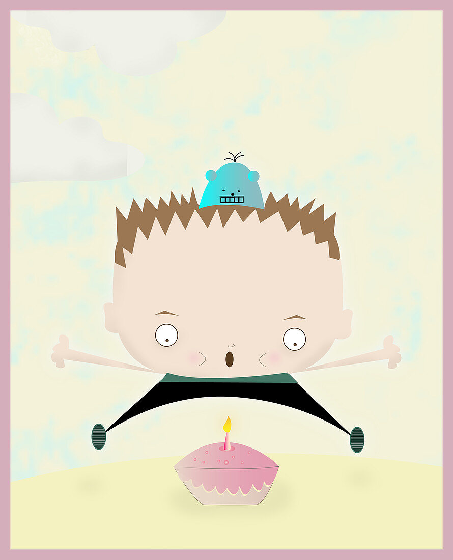 Boy blowing out his birthday candle, illustration