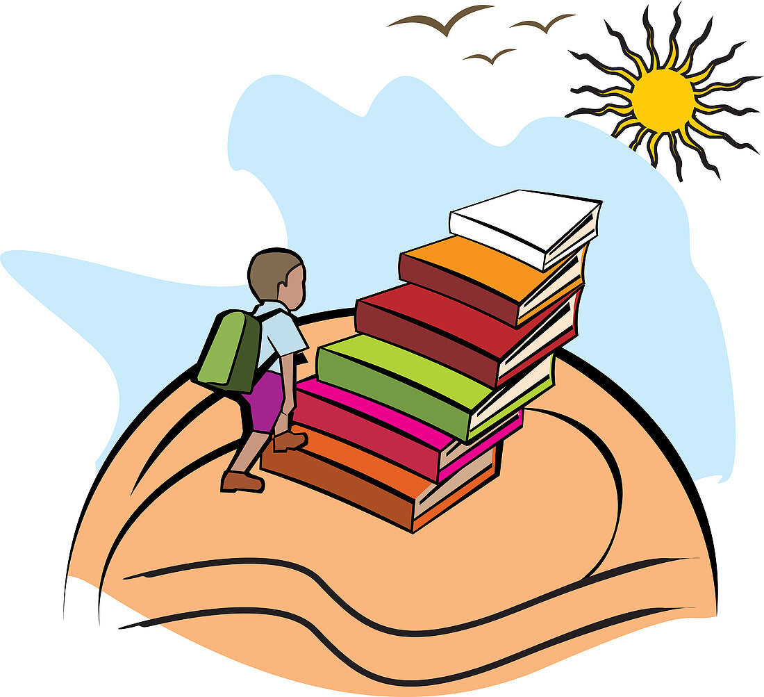 Boy climbing stack of books, illustration