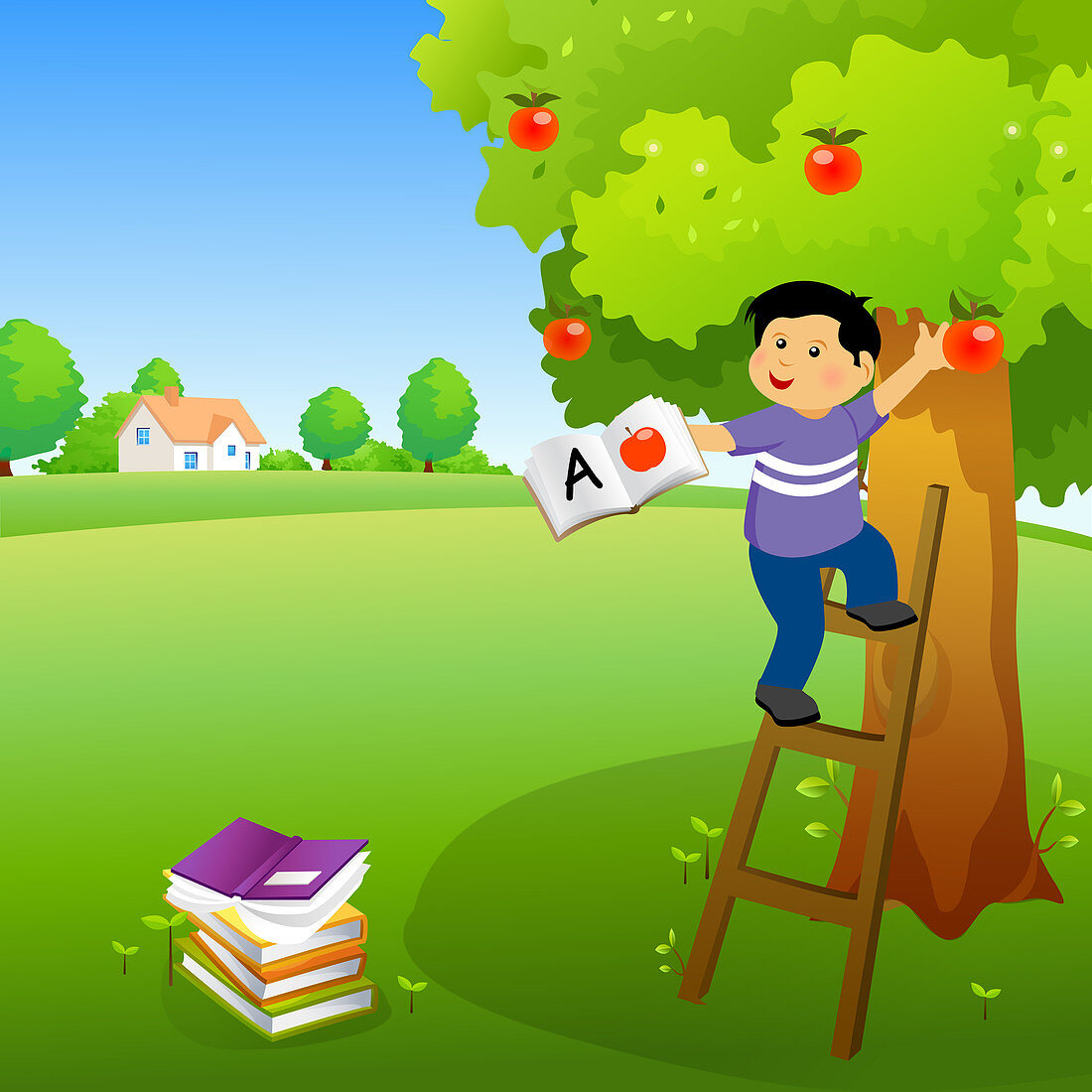 Boy holding a book and climbing an apple tree, illustration