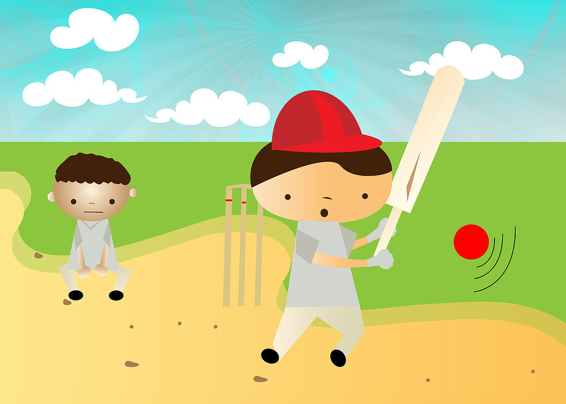 Boys playing cricket, illustration