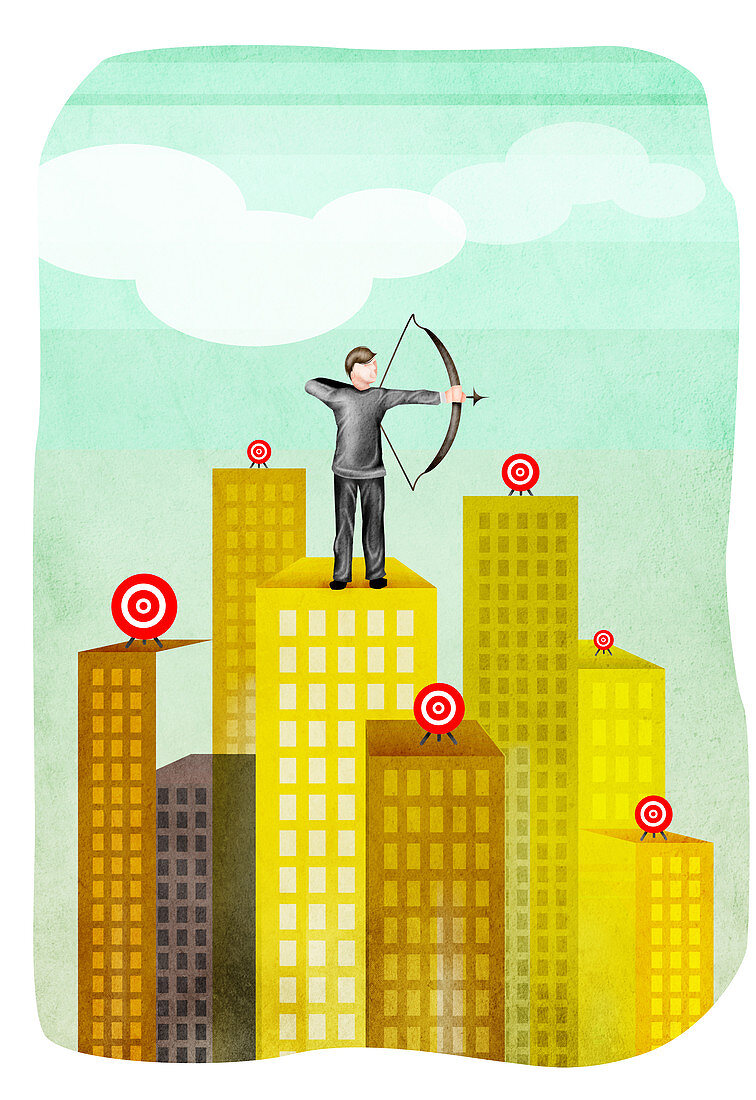 Businessman aiming with a bow and arrow, illustration