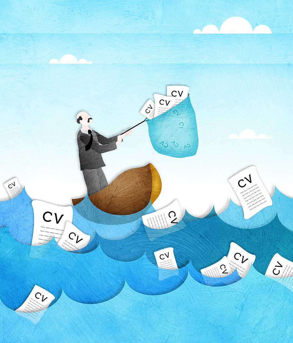 Businessman catching resume from the sea, illustration