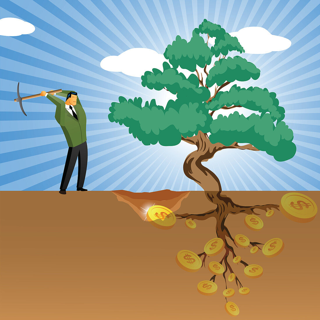 Businessman digging near a money tree, illustration