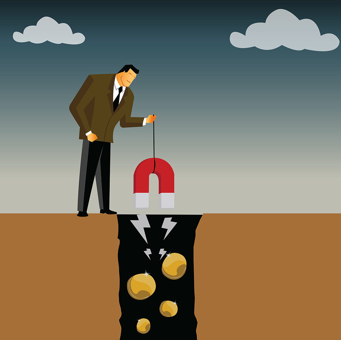 Businessman extracting money from a mine, illustration