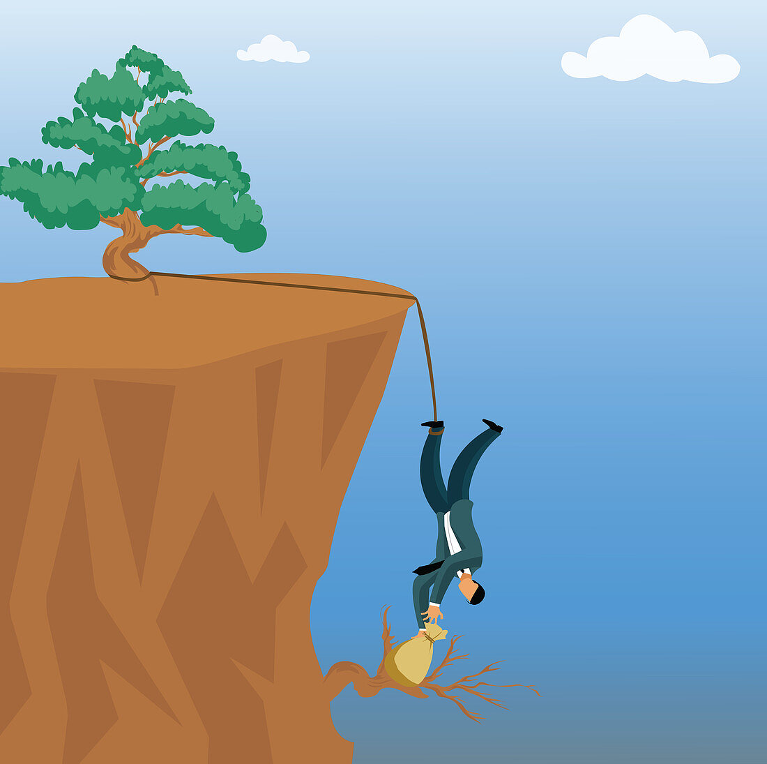 Businessman grabbing a money bag from a cliff, illustration