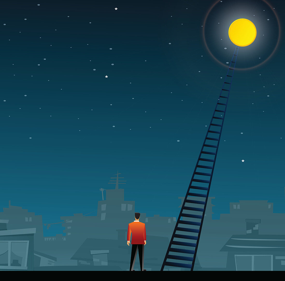 Businessman standing near a ladder, illustration