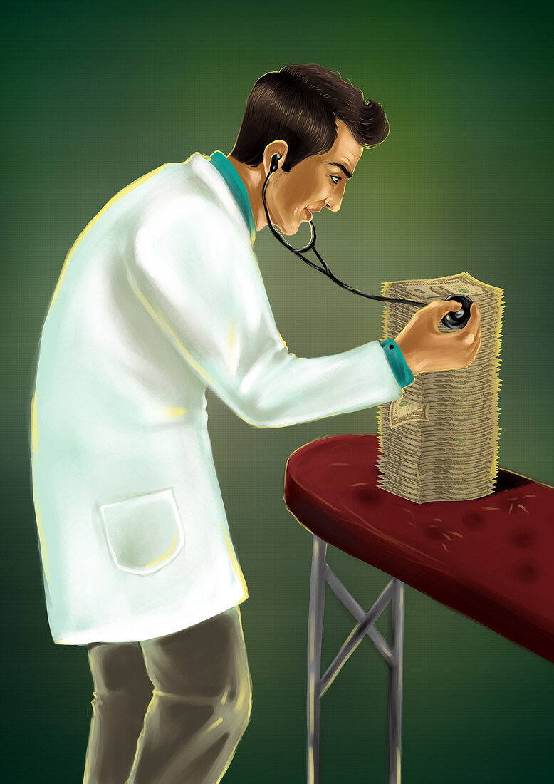 Doctor examining money with stethoscope, illustration