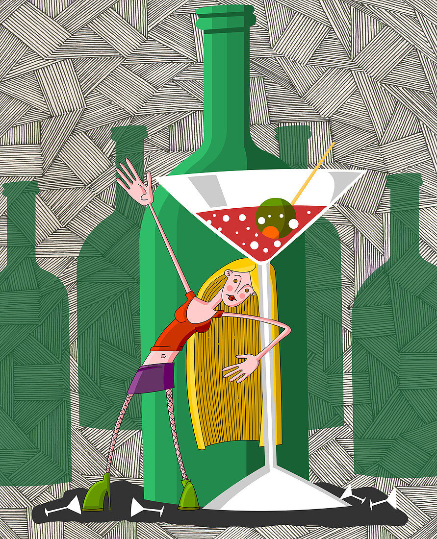 Drunk young woman in party with martini glass, illustration