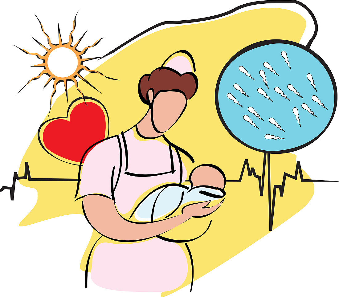Female nurse carrying a baby, illustration