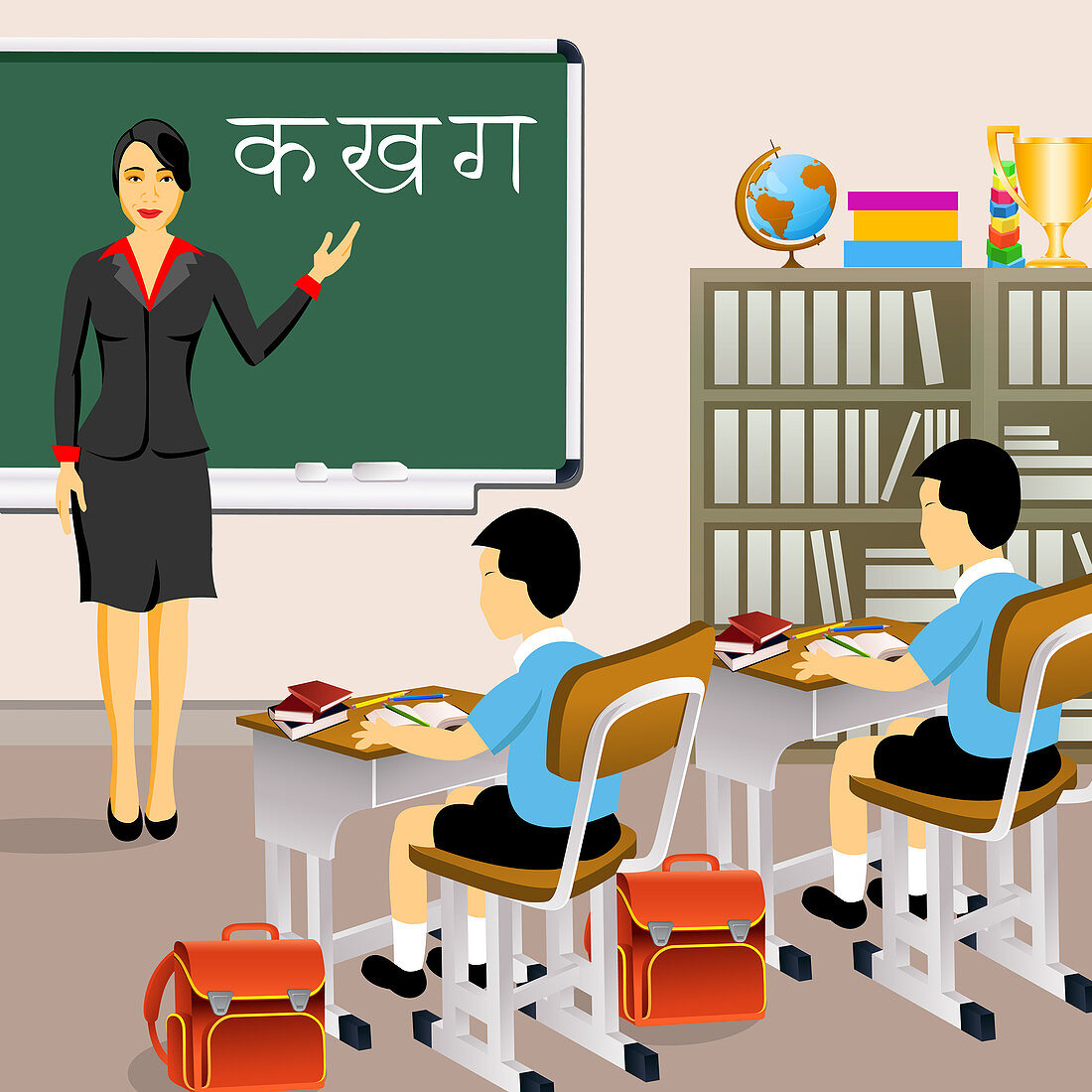 Female teacher with students in a classroom, illustration