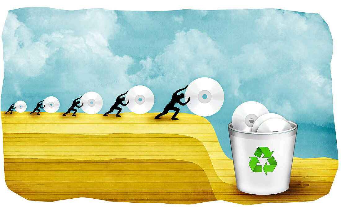 Five people throwing cd to garbage bin, illustration