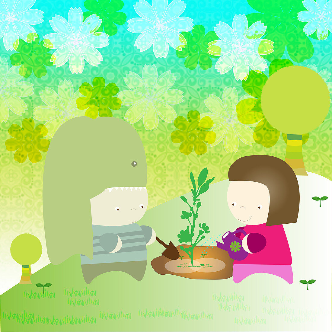 Girl watering plant with a watering can, illustration