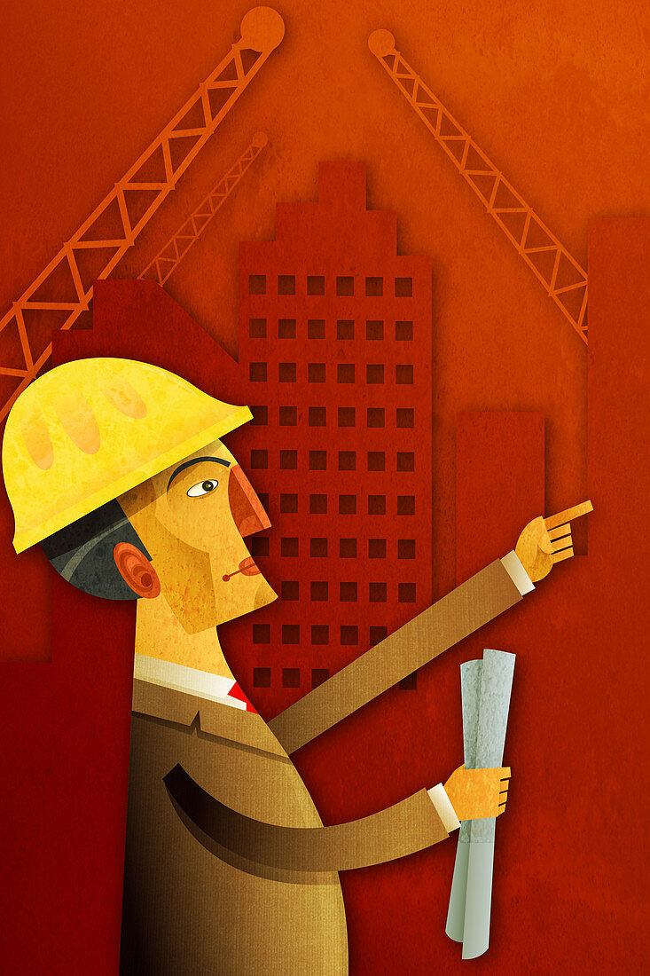 Illustration of an engineer holding blueprints