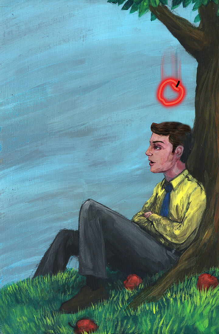 Illustration of apple falling on man's head