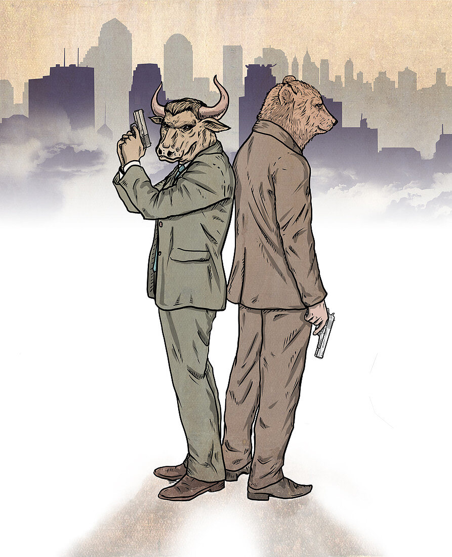 Illustration of bear and bull standing back to back