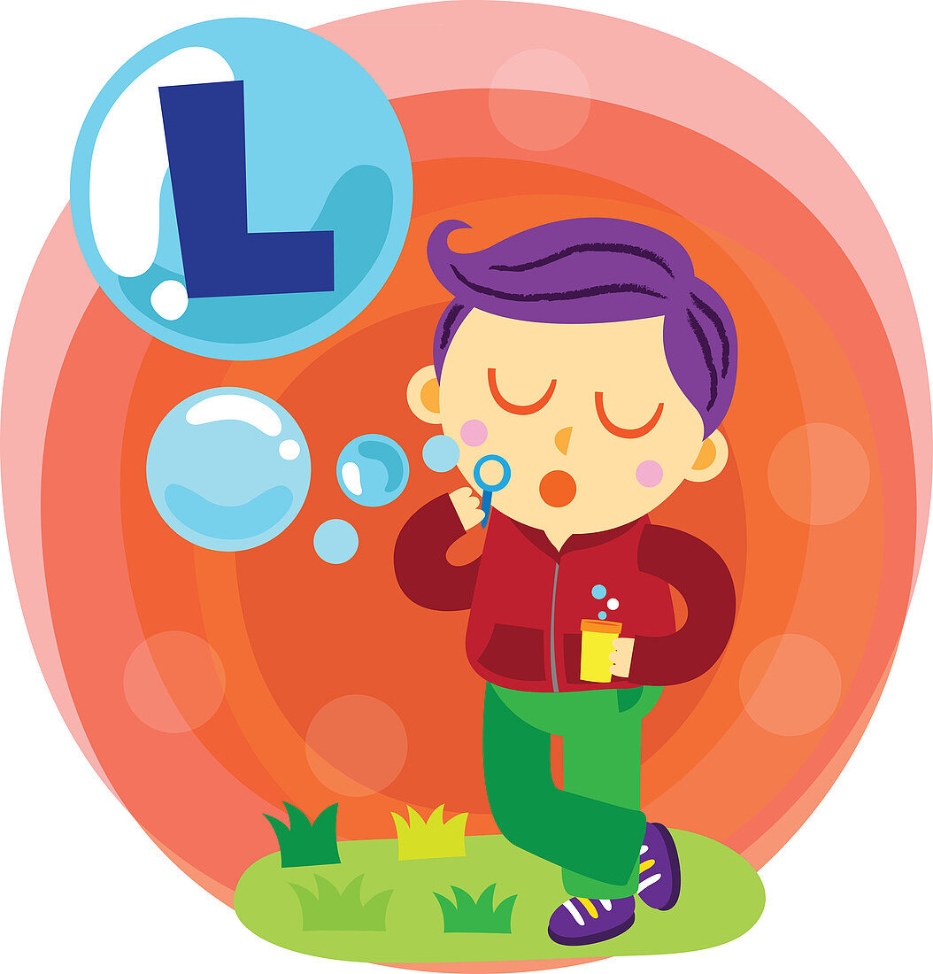 Illustration of boy blowing letter L bubble with bubble wand