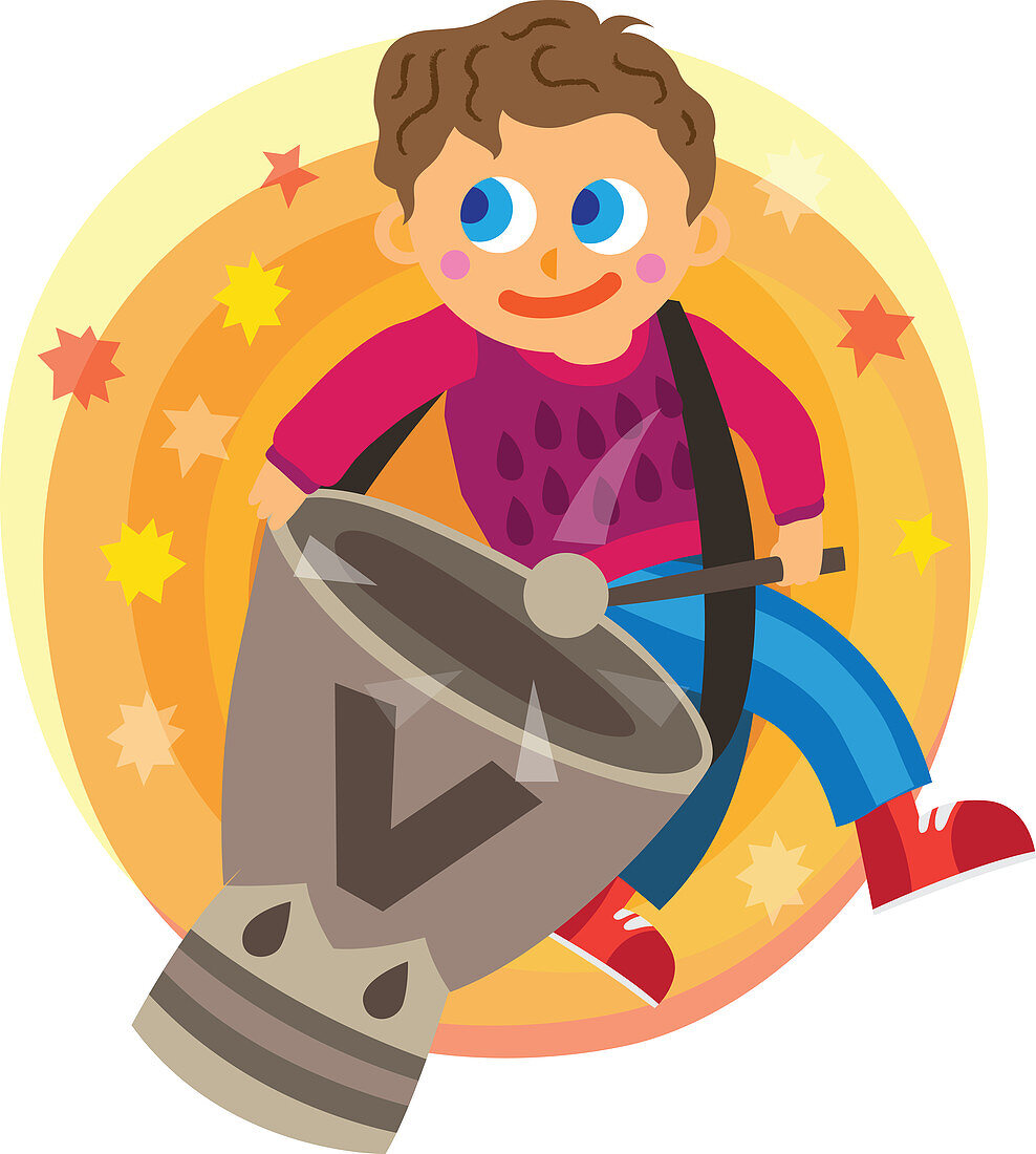 Illustration of boy playing drum over white background