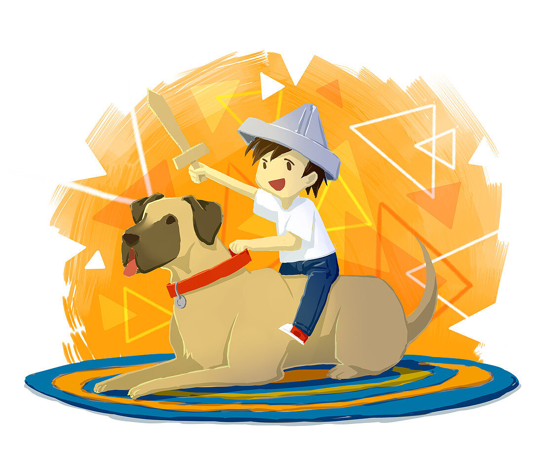 Illustration of boy with sword sitting on dog