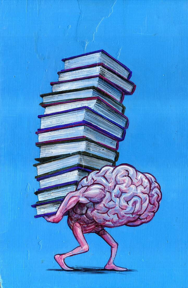 Illustration of brain carrying stacked books