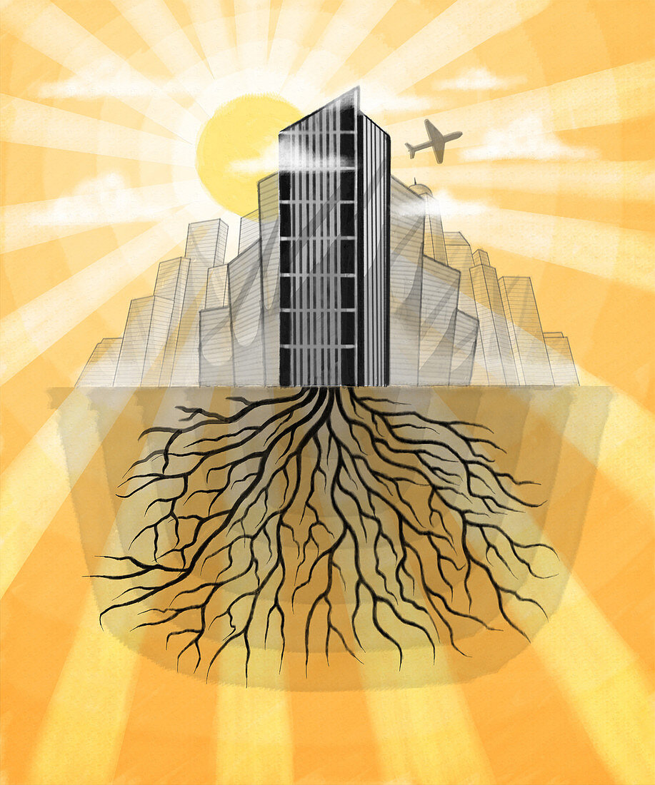 Illustration of buildings with roots