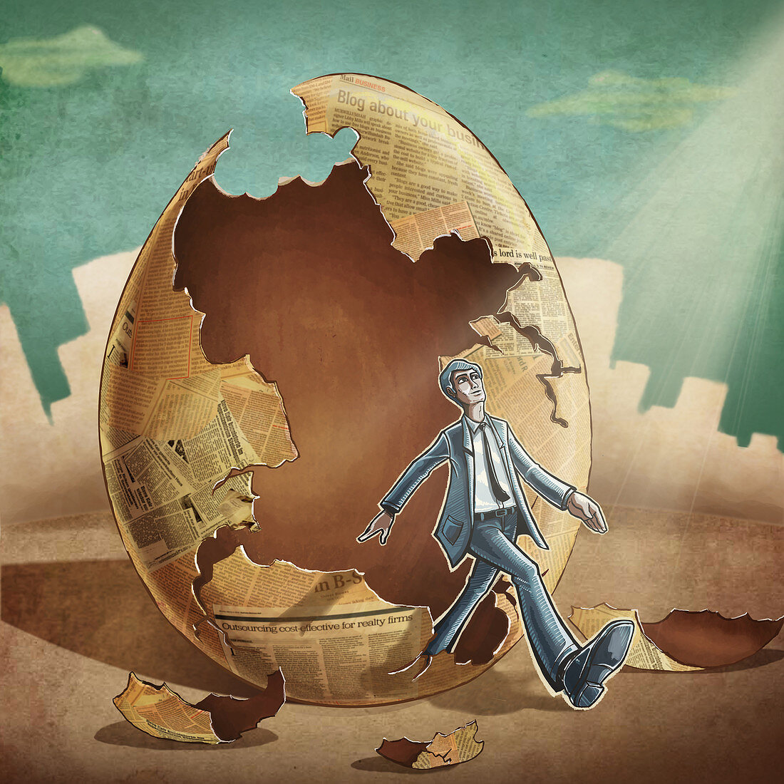 Businessman stepping out from egg, illustration