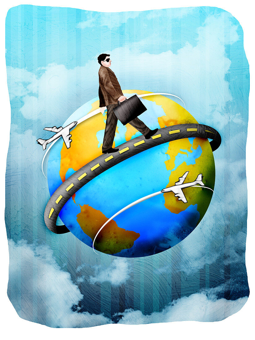 Businessman walking around a globe, illustration