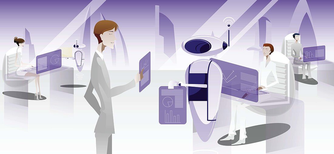 Businesspeople working with robots, illustration