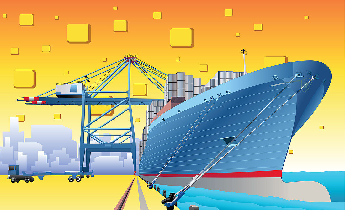 Cargo ship at a dock, illustration