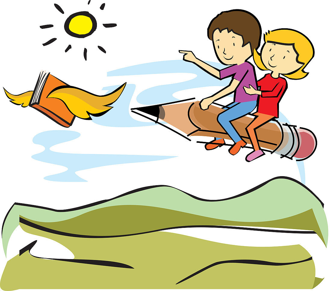 Children riding a pencil flying behind a book, illustration