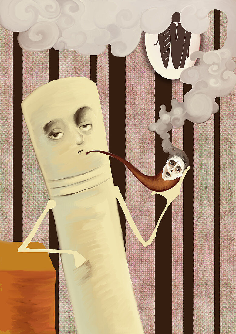 Cigarette smoking away human in pipe, illustration