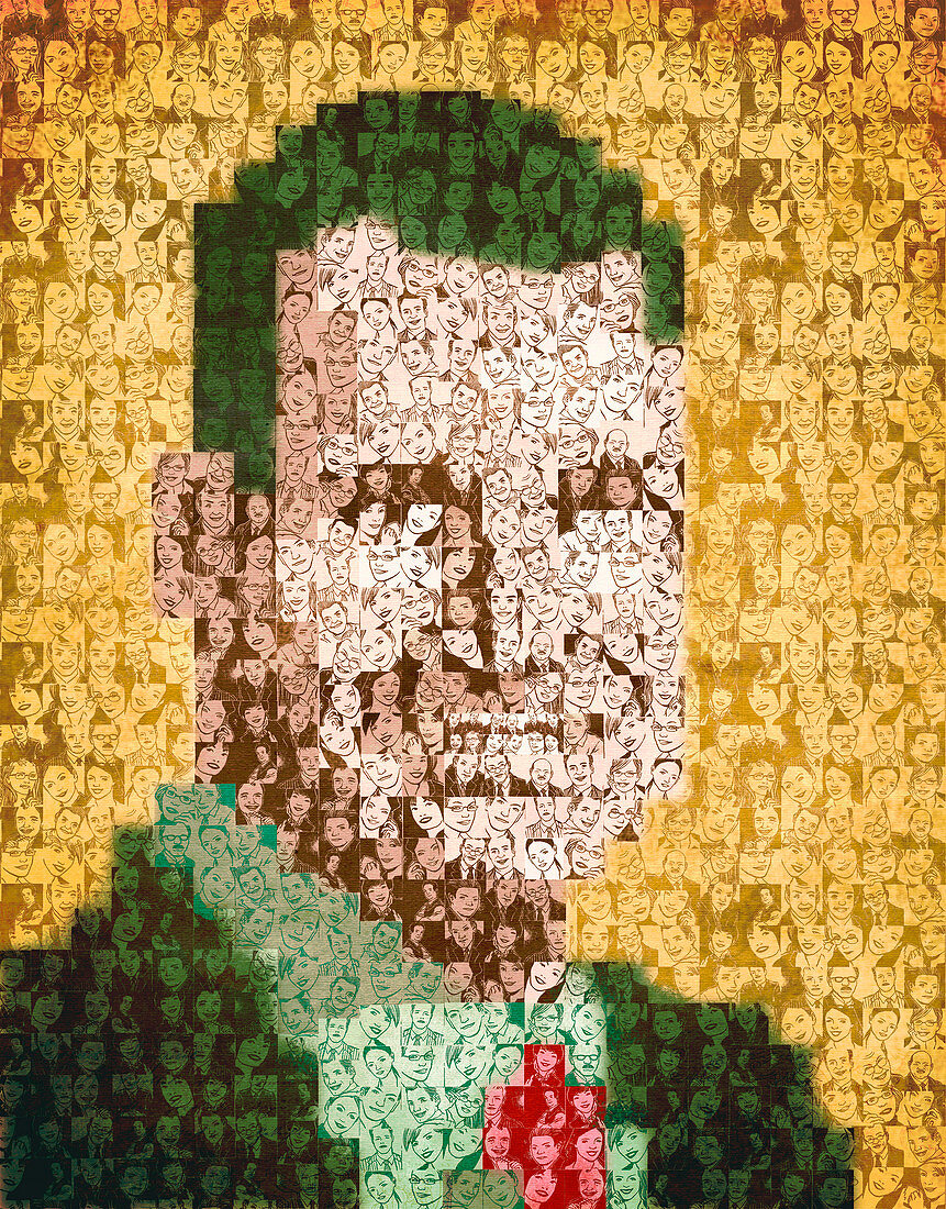 Collage of people forming a human face, illustration