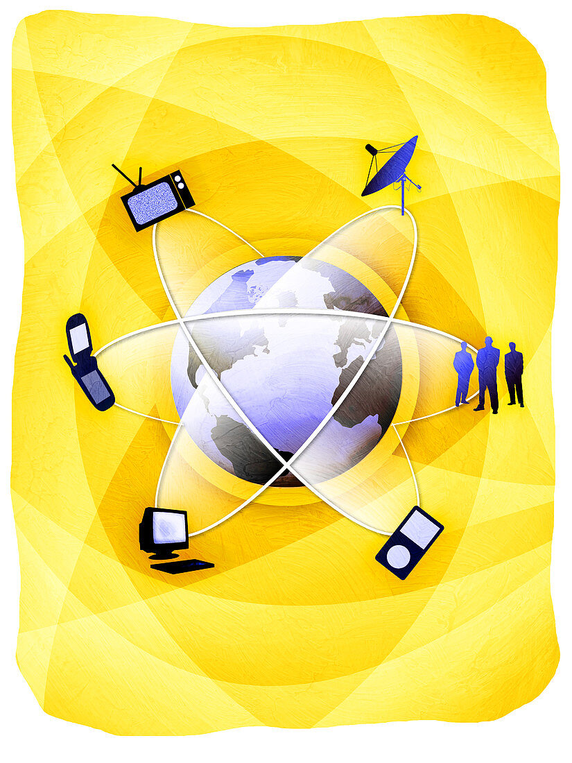 Communication products orbiting around globe, illustration