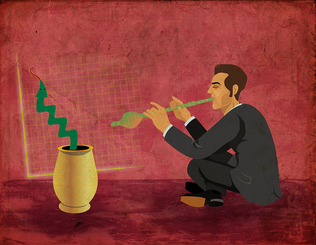Conceptual illustration of businessman charming snake