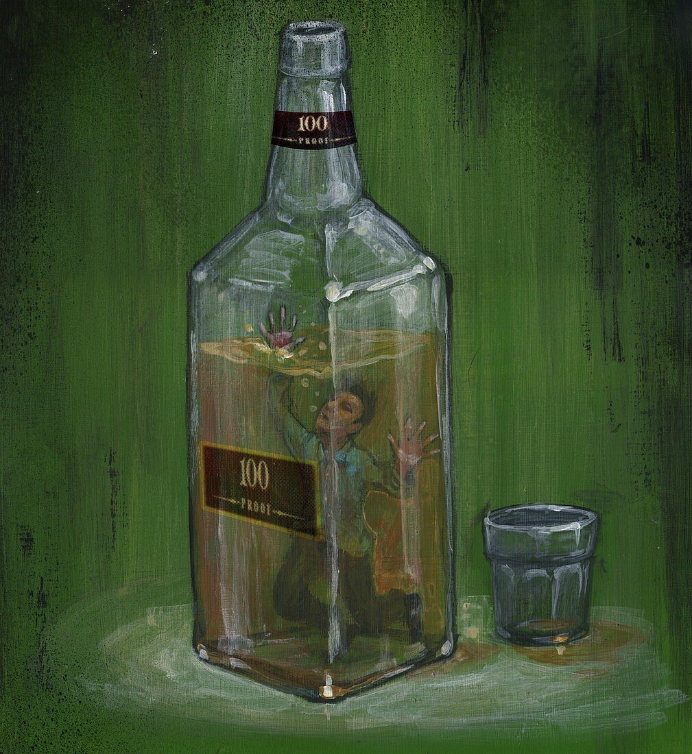 Conceptual illustration of man drowning in alcohol bottle